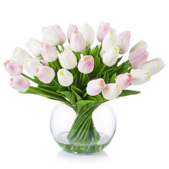 Artificial Real Touch Tulip Arrangement in Clear Glass Vase (Pink White)