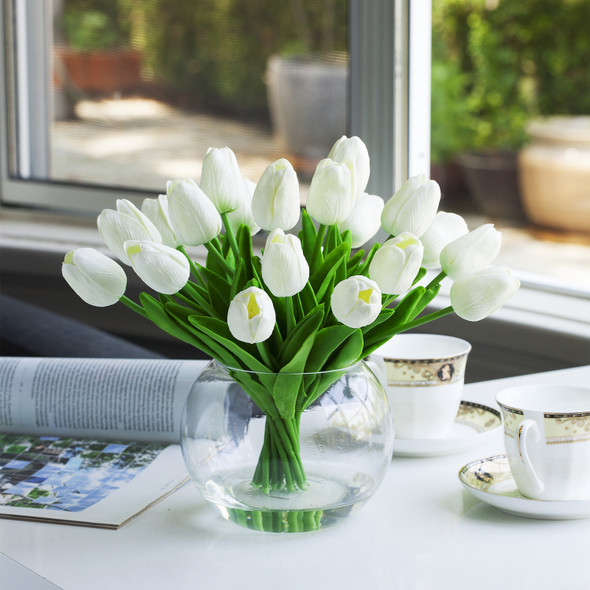 20 Heads Artificial Real Touch Tulip Arrangement in Clear Glass Vase