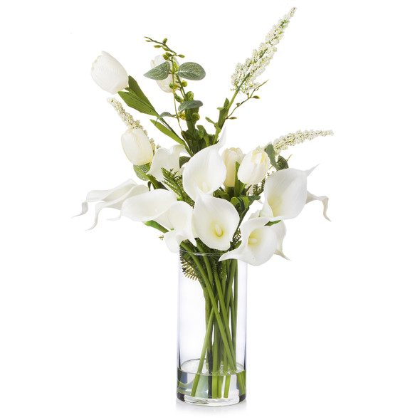 Mixed Artificial Real Touch Tulip and Lily Arrangement in Clear Glass Vase