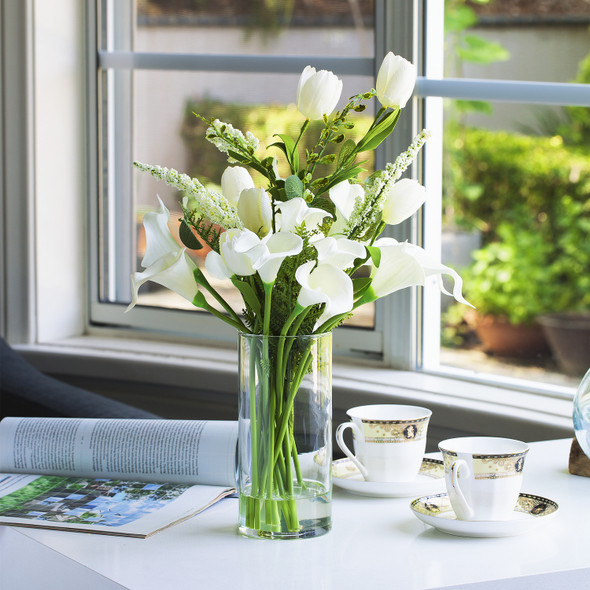 Mixed Artificial Real Touch Tulip and Lily Arrangement in Clear Glass Vase