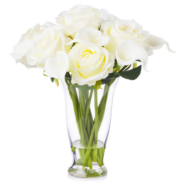 Mixed Artificial Real Touch Lily and Rose Flower Arrangement in Clear Glass Vase