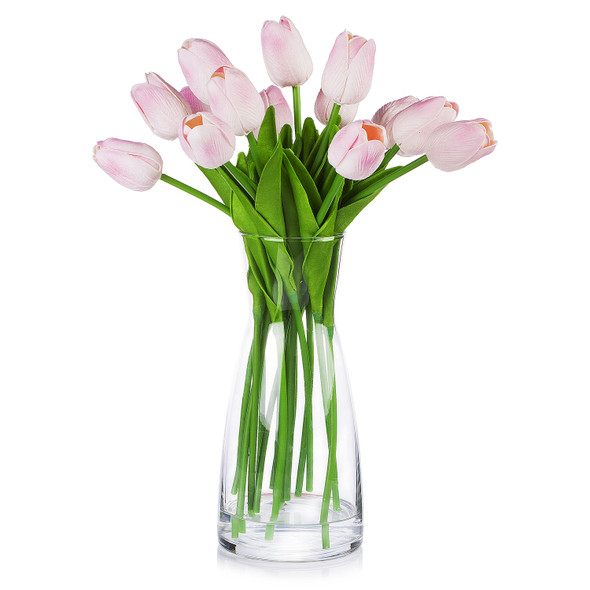 Artificial Real Touch Tulip Arrangement in Clear Glass Vase(Pink)