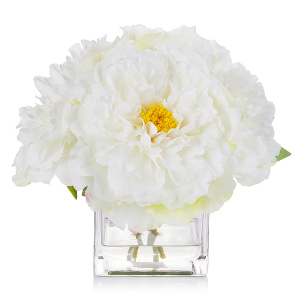 Silk Peony Arrangement in Cube Glass Vase With Faux Water(Cream)