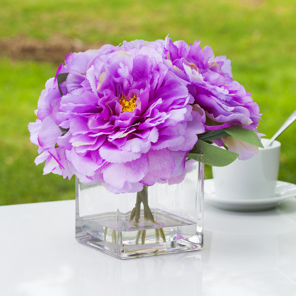 Silk Peony Arrangement in Cube Glass Vase With Faux Water(Purple)