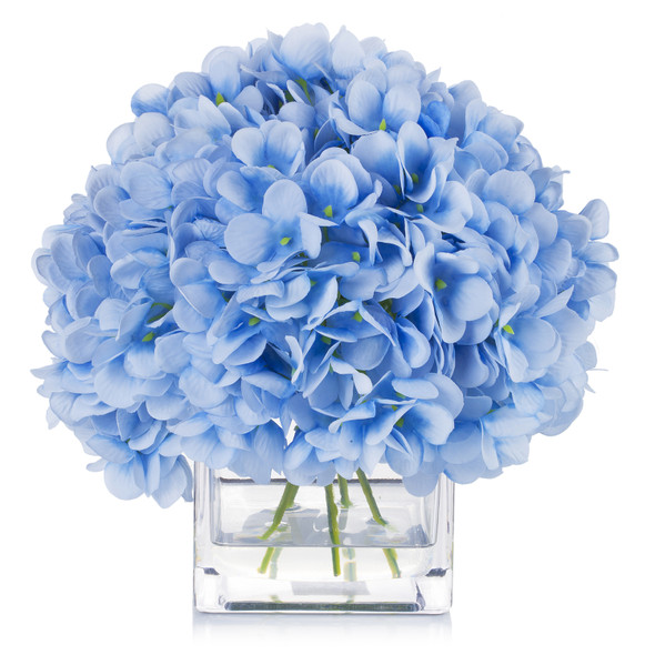 Silk Hydrangea Flower Arrangement in Cube Glass Vase With Faux Water(Blue)
