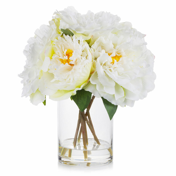 Artificial Silk Peony Flower Arrangement in Clear Glass Vase(Cream)