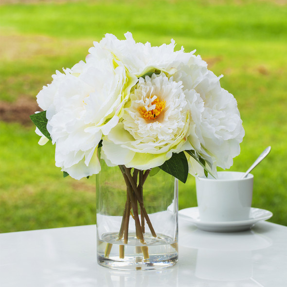 Artificial Silk Peony Flower Arrangement in Clear Glass Vase(Cream)