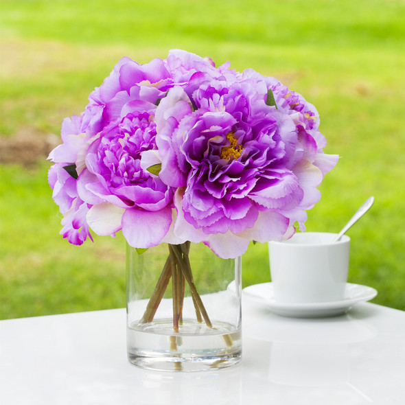 Artificial Silk Peony Flower Arrangement in Clear Glass Vase(Purple)