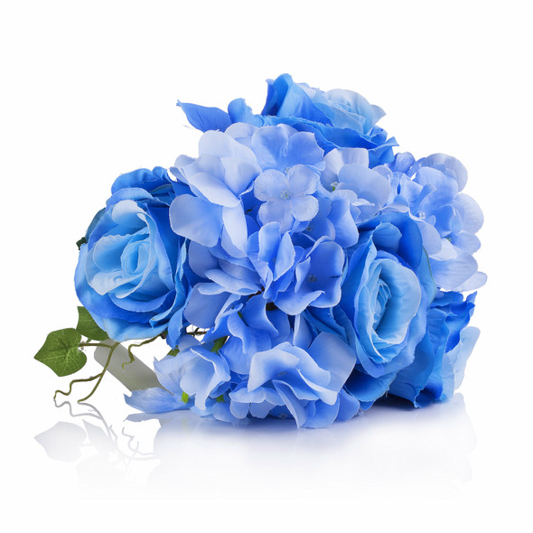 Mixed Artificial Silk Rose  and Hydrangea Flower Bouquet Set of 2 (Blue)