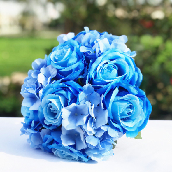 Mixed Artificial Silk Rose  and Hydrangea Flower Bouquet Set of 2 (Blue)