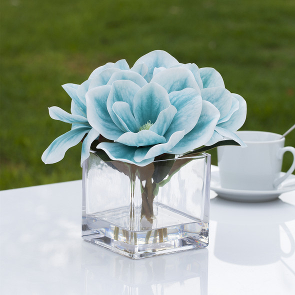 Artificial Real Touch Magnolia Flower Arrangement in Cube Glass Vase With Faux Water(Blue)