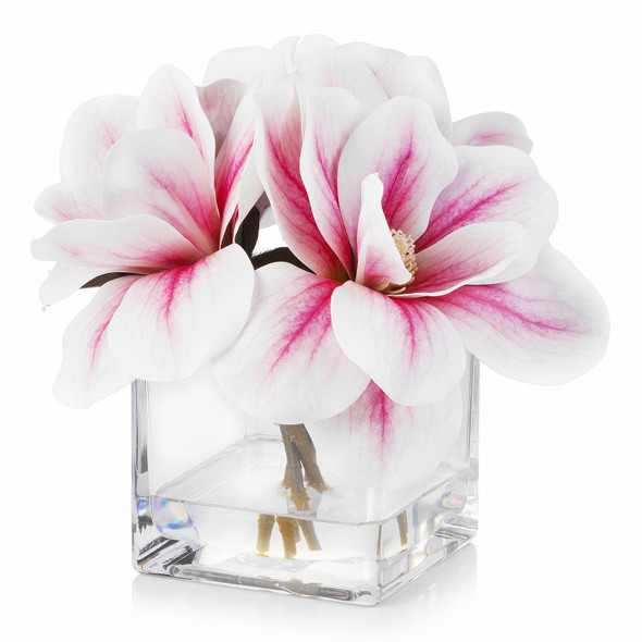 Artificial Real Touch Magnolia Flower Arrangement in Cube Glass Vase With Faux Water(Pink)
