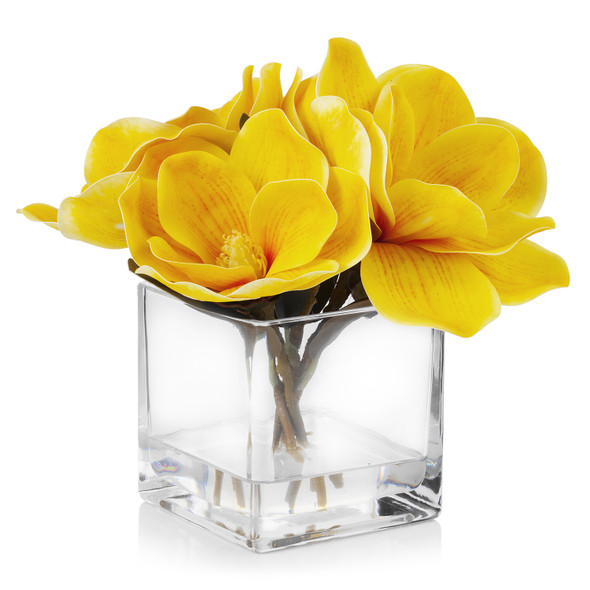 Artificial Real Touch Magnolia Flower Arrangement in Cube Glass Vase With Faux Water(Yellow)