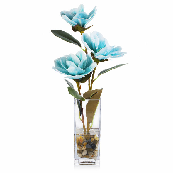 Artificial Real Touch Magnolia Flower Arrangement in Glass Vase With Faux Water and River Rock(Blue)