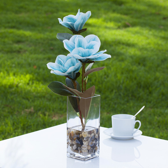 Artificial Real Touch Magnolia Flower Arrangement in Glass Vase With Faux Water and River Rock(Blue)