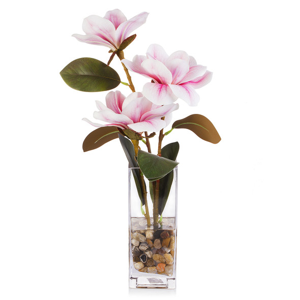 Artificial Real Touch Magnolia Flower Arrangement in Glass Vase With Faux Water and River Rock(Pink)
