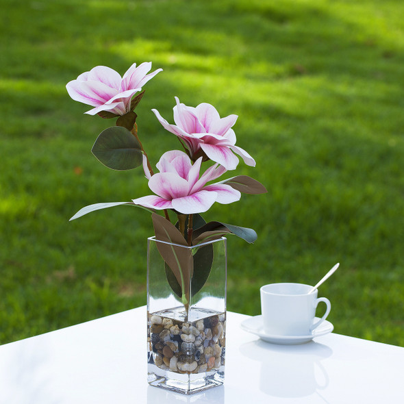 Artificial Real Touch Magnolia Flower Arrangement in Glass Vase With Faux Water and River Rock(Pink)