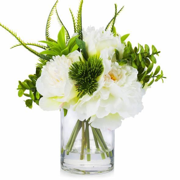 Mixed Artificial Silk Peony Flower Arrangement in Clear Glass Vase With Faux Water(Cream)