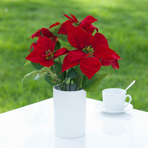 Artificial Poinsettia Flower Arrangement in White Ceramic Vase