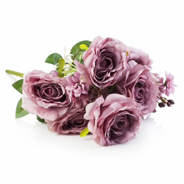 Mixed Artificial Faux Rose Flower Bush (Purple)