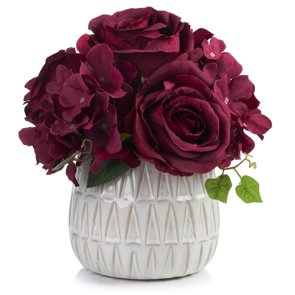 Mixed Artificial Silk Hydrangea and Rose Flower Arrangement in Ceramic Pot (Burgundy)