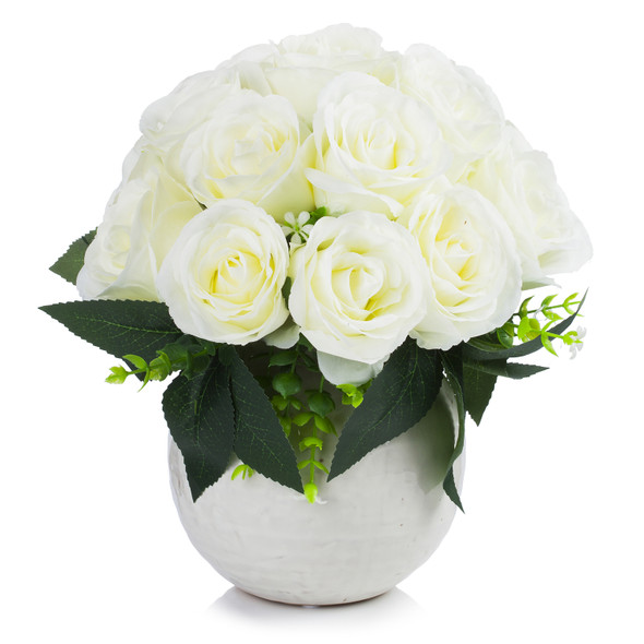 18 Heads Artificial Silk Rose Flower Arrangement in Ceramic Pot (Cream)