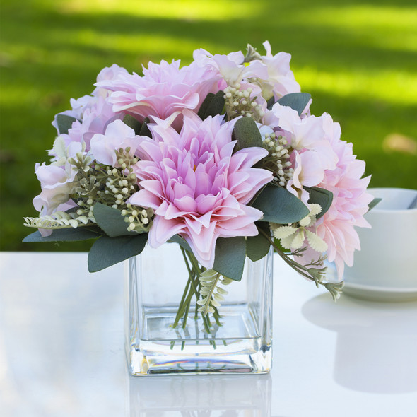 Mixed Artificial Dahlia Flower Arrangement in Clear Glass Vase