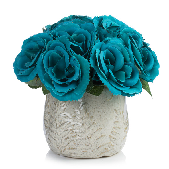 Artificial Velvet Rose Flower  in Ceramic Pot (Aqua)