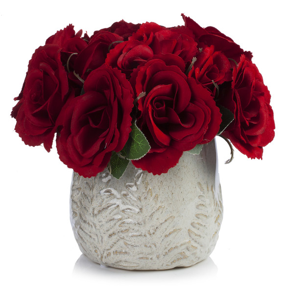 Artificial Velvet Rose Flower  in Ceramic Pot (Red)