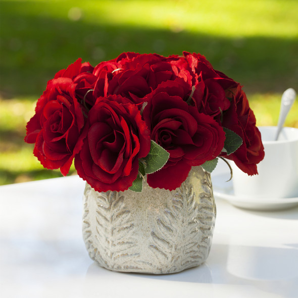 Artificial Velvet Rose Flower  in Ceramic Pot (Red)