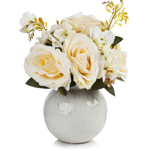 Mixed Artificial Silk  Rose Flower Arrangement in Ceramic Pot(Beige)