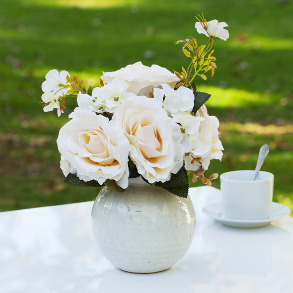 Mixed Artificial Silk  Rose Flower Arrangement in Ceramic Pot(Beige)