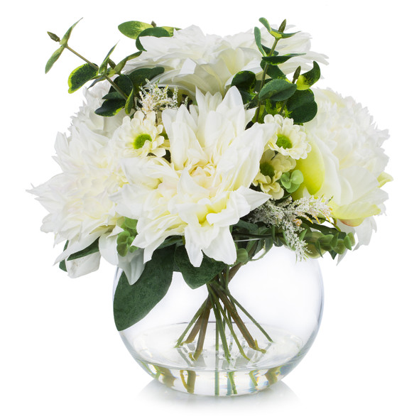 Mixed Artificial Silk Dahlia and Peony Flower Arrangement in Clear Glass Vase