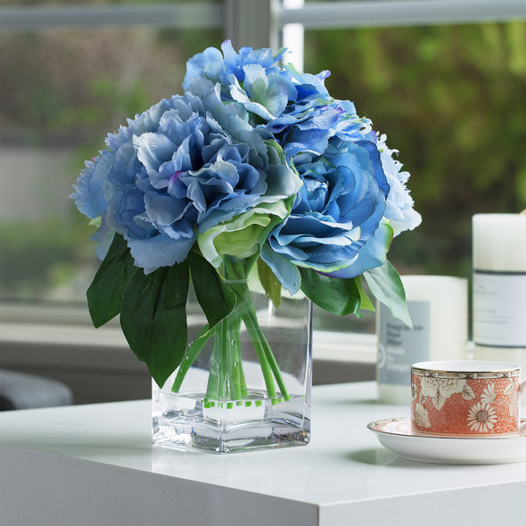 Mixed Artificial Peony Rose and Hydrangea Flower With Clear Glass Vase(Blue)