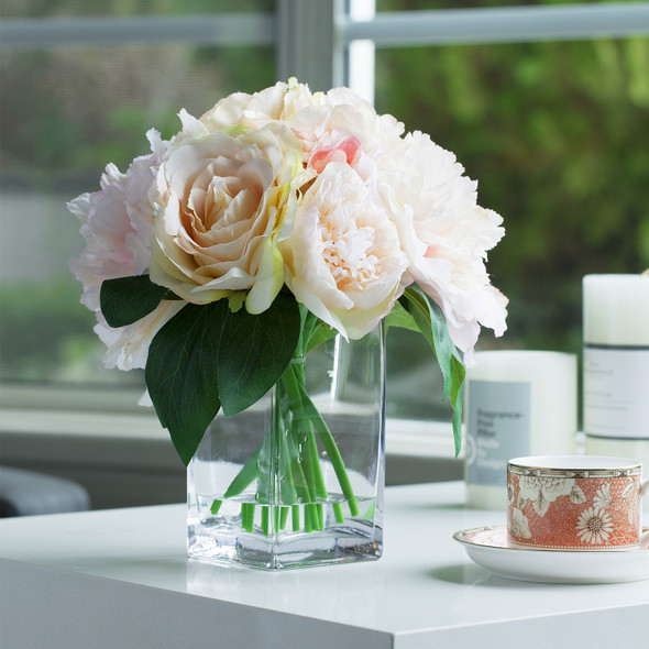 Mixed Artificial Peony Rose and Hydrangea Flower With Clear Glass Vase(Peach)