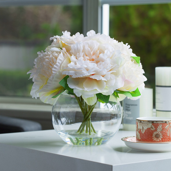 Artificial Silk Peony Flower Arrangement in Glass Vase with Faux Water(Peach)