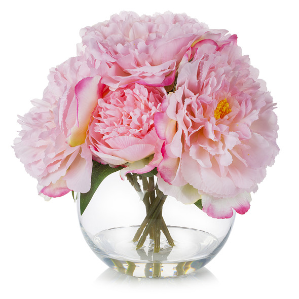 Artificial Silk Peony Flower Arrangement in Glass Vase with Faux Water(Pink)