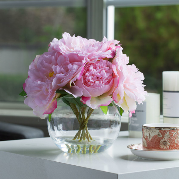 Artificial Silk Peony Flower Arrangement in Glass Vase with Faux Water(Pink)