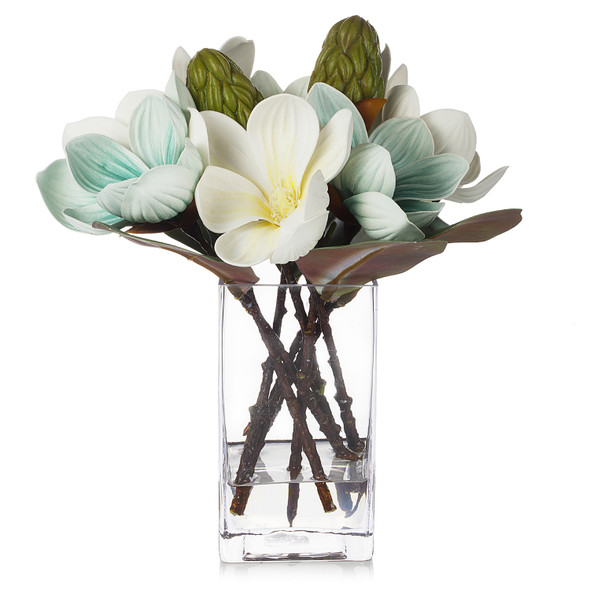 Artificial Real Touch Magnolia Flower Arrangement in Cube Glass Vase With Faux Water(Cream Blue)
