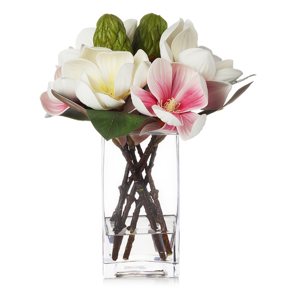 Artificial Real Touch Magnolia Flower Arrangement in Cube Glass Vase With Faux Water(Cream Pink)