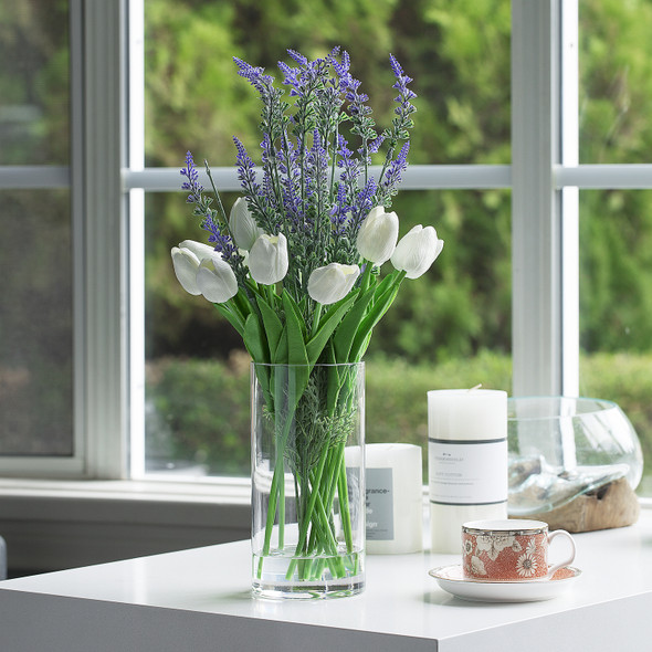 Mixed Artificial Real Touch Tulip and Lavender Arrangement in Clear Glass Vase