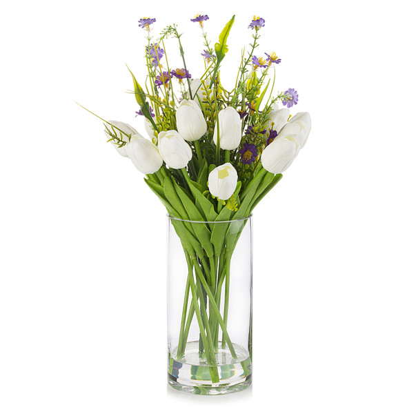 Mixed Artificial Real Touch Tulip and Mini Sunflower in Clear Glass Vase(White)