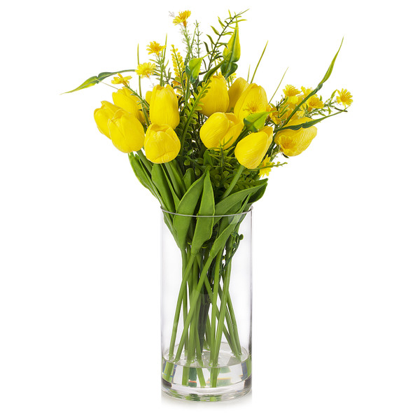 Mixed Artificial Real Touch Tulip and Mini Sunflower in Clear Glass Vase(Yellow)