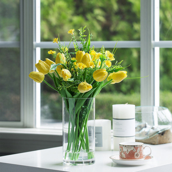 Mixed Artificial Real Touch Tulip and Mini Sunflower in Clear Glass Vase(Yellow)