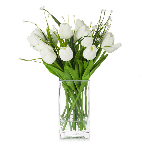 Mixed Artificial Real Touch Tulip and Star Grass in Clear Glass Vase