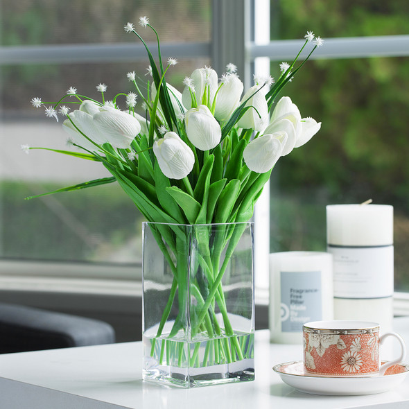 Mixed Artificial Real Touch Tulip and Star Grass in Clear Glass Vase