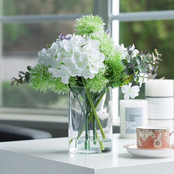 Mixed Artificial Silk Hydrangea and Greenery in Clear Glass Vase