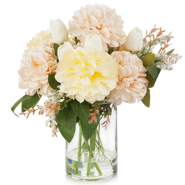 Mixed Artificial Real Touch Tulip and Dahlia Flower in Clear Glass Vase(Cream Beige)