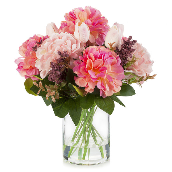 Mixed Artificial Real Touch Tulip and Dahlia Flower in Clear Glass Vase(Pink)