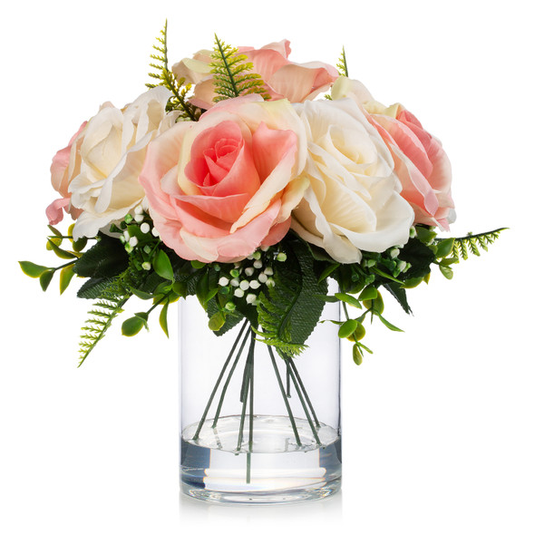 10 Heads Artificial Silk Rose Flowers in Clear Glass Vase With Faux Water(Cream Pink)